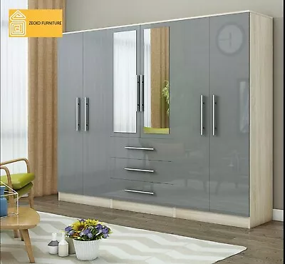 Large 6 Door Mirrored HIGH GLOSS GREY/BLACK/WHITE Fitment Wardrobe 3 Drawers • £479.99