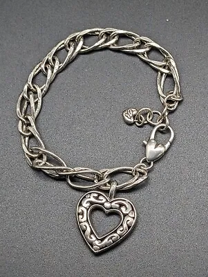 Retired Brighton Silver Plated Dangling Scroll Work Heart Charm Bracelet • $16.50