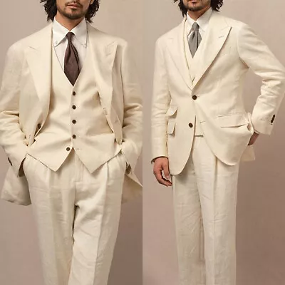 Summer Beige Linen Suits 3 Pieces Classic Fit For Wedding Business Working Wear • £155.99