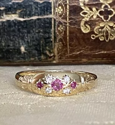 Vintage Ladies  9ct  Gold Ruby & Diamond  Gypsy Ring Size O 1.9g • £160