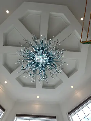 Blown Glass Chandelier Blue Murano Glass Sputnik Light Fixture Art Deco Lighting • $560