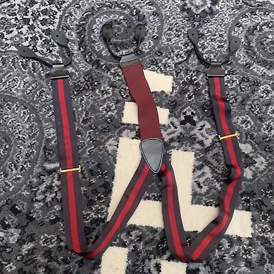 Vintage Trafalgar Adjustable Suspenders Leather Button Loop Red Blue Striped  • $17.98