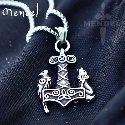 MENDEL Mens Womens Viking Wolf Raven Mjolnir Pendant Necklace Stainless Steel • $11.99