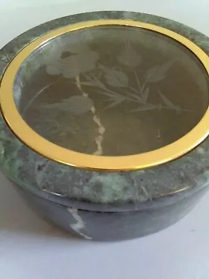 £26.70 • Buy Green Granite Stone VTG Trinket Box With Etched Rose On Glass Lid 