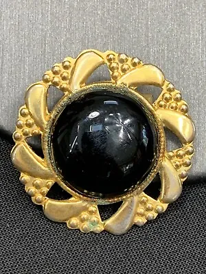 Vintage Brooch Pin  Round Gold Black Lucite Center  1 1/4” Petite • $14.20