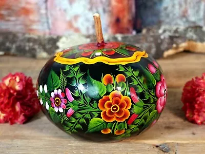 #24 Box Lacquer Gourd Hand Painted Flowers Handmade Olinalá Mexican Folk Art Med • $28