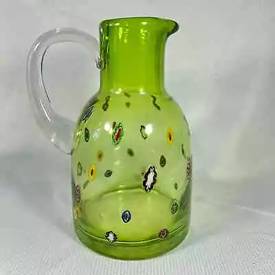 Vintage Millefiori Glass Pitcher Green 9.5” Murano Style • $89.99
