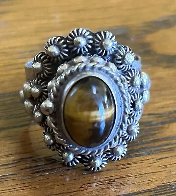 Vintage Mexico Sterling Silver Tiger's Eye Locket/Pill Ring - Size 7.25 • $35.89