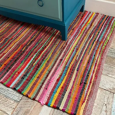 £14 • Buy Rag Rug Rainbow Rugs Multi Colour Chindi Floor Mat Striped Mats Recycled Carpet