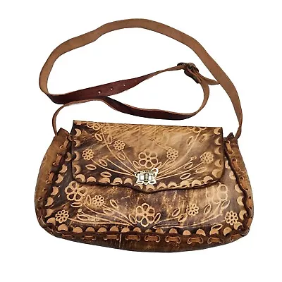 Vintage Leather Hand Tooled Embossed Mexican Handbag Crossbody Boho Bag  • $29.99