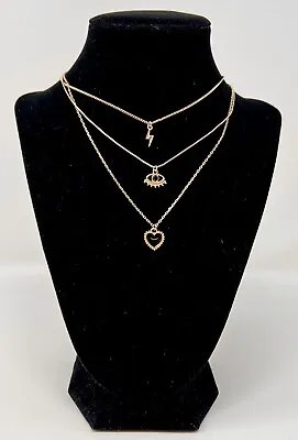 $15.95 • Buy Vintage 3 Strand Layering Necklace Gold Black Heart Lighning Bolt Evil Eye