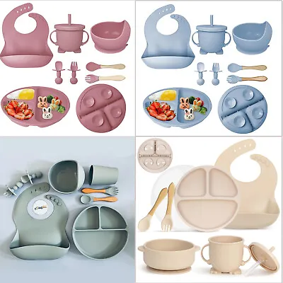 Baby Feeding Set Silicone Weaning Supplies With Plate Bowl Bib Spoon Fork Cup UK • £13.90