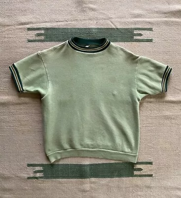 Vintage 60s USA Made Green Striped Mod Cotton Short Sleeve Sweatshirt Medium • $70