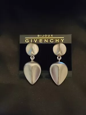 BIJOUX GIVENCHY Vtg 1990s Earrings In Matte Silvertone With Leaf Shaped Dangle • $74