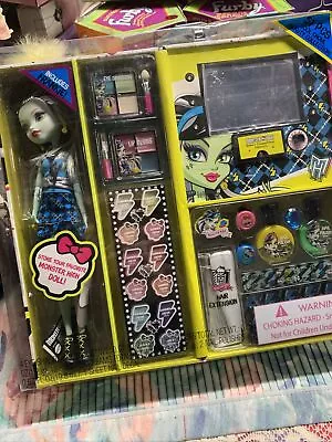 NIB.Monster High Make Up Case Frankie Doll Light Up Mirror Lip Gloss Nail Polish • $40