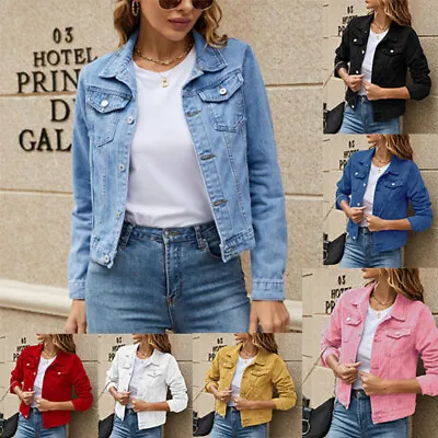 UK Womens Denim Jackets Jeans Coats Casual Tassel Long Sleeve Lapel Button Loose • £4.88