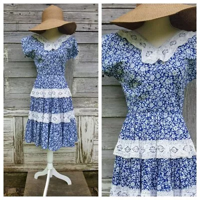 Vintage 1960s Blue Floral Full Skirt Dress Rockabilly Square Dance Dress Size S • $29.99
