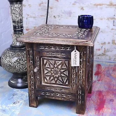 Mehanadi Small Square Side Table Moroccan Style Carving Storage Compartment Home • $226.35