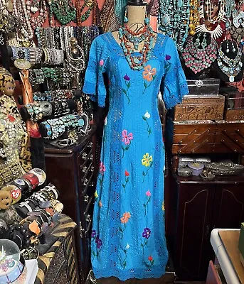 Stunning Vtg Mexican Oaxaca Wedding Pentuck Turquoise Crochet Floral Embroidery • $185