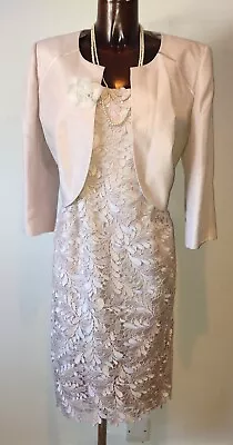 Jacques Vert Oyster Pink Lace Dress/faux Silk Jacket Mother Of Bride Suit 14 16 • £69.99