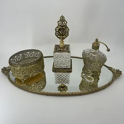 Ormolu Gold Vanity Set Perfume Bottle Jewlery Box Mirrored Tray Globe Matson Vtg • $123.99
