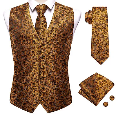 $21.66 • Buy Classic Mens Gold Pailey Waistcoat Silky Hankerchief Cufflinks Vest Wedding
