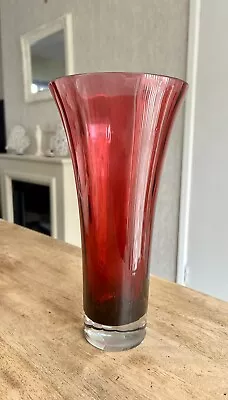 Large Cranberry Glass Crystal Optic Swirl Tulip Vase Heavy 28cm Tall • £19.95