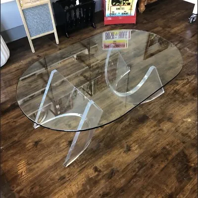 1980s Modern Sculptural Lucite Base And Glass Oval Coffee Table Modernist  • $750