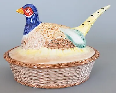 Vintage Mid-Century Italian Majolica Pheasant Basket Lidded Dish Centerpiece • $300