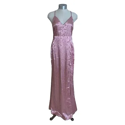 LULU'S Mauve Pink Satin Leaf-Print Jacquard Sleeveless Mermaid Maxi Dress Small • $29.24