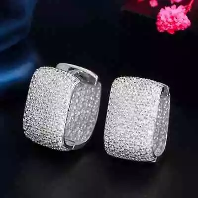 Fully Iced Micro Pave 18K White Gold Plated Cubic Zirconia Huggie Women Earrings • $14.95