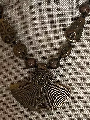 Vintage Jewelry Artisan Tribal Style Beaded Bronze Tone Pendant Necklace • $12