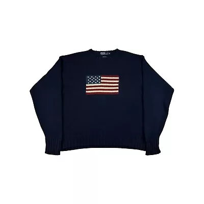 Ralph Lauren Polo USA American Flag Patch Round Neck Sweater Jumper Navy XXL 2XL • £149.99