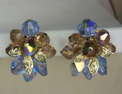 Vintage Vendome Earrings Clip On Earrings Blue & Tan Crystal  Gold Tone Leafs • $18
