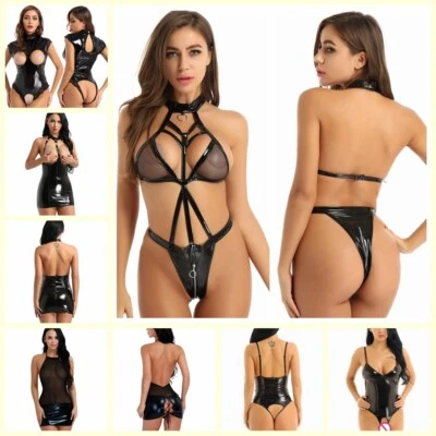 £12.35 • Buy Womens Wetlook Leather Halter Neck Teddy Zipper Crotch Leotard Thong Bodysuit