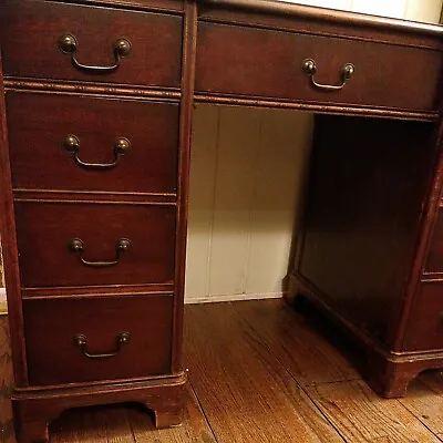 Old Wooden Writing Desk Leather Top Brass Hardware Pulls Twin Pedestal Drawers • $499