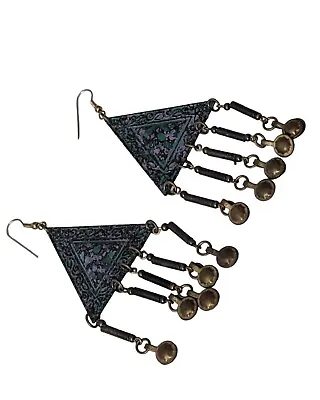 Vintage Earrings Etched Dangle Middle-Eastern Bells Ethnic Boho Chandelier  • $19.99