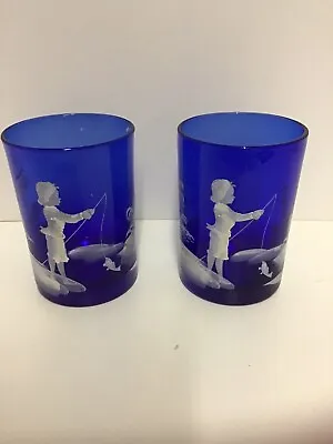 FENTON HANDPAINTED MARY GREGORY Cobalt Blue TUMBLER Glass Boy Fishing X2 Vintage • $78.53