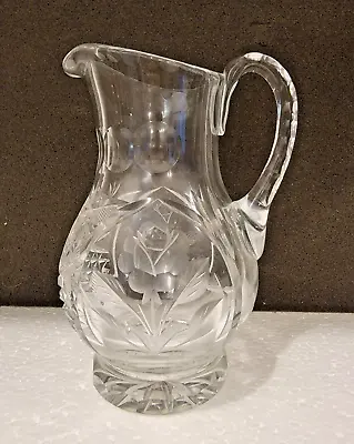 Vintage Intricate Cut Etched Rose/Floral Burst Crystal Glass Pitcher With Handle • $23