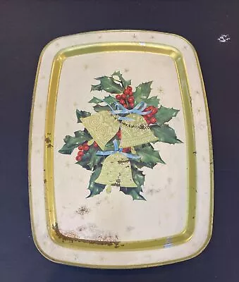 Vtg. Atomic Gold Star Christmas Bells Holly Metal Serving Cookie Tray Retro 14  • $8