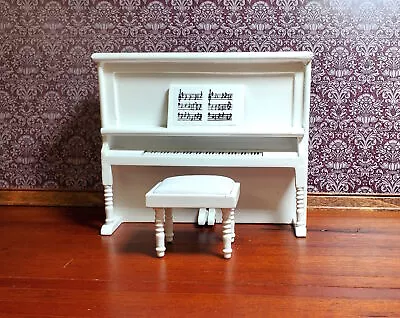 Dollhouse Upright Piano With Bench Seat White Wood 1:12 Scale Miniature • $29.99