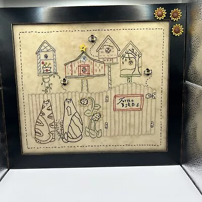 Vintage Handmade Framed Embroidered Picture Flowers Cats Birdhouses • $18