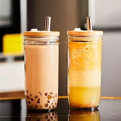 2pcs Milk Coffee Mug Tea Cup Mug Glass Cup Transparent With Lid And Straw Gift • £13.91