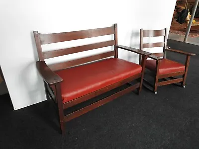 Antique Stickley Quarter Sawn Mission Oak Settle Chair Arts Crafts Syracuse NY • $1150
