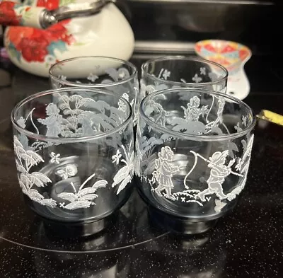 Vintage Libbey Mary Gregory 4 Blue Drinking Glasses Boy Girl Dog Butterfly • $24