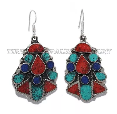 Turquoise Earring Tribal Earring Coral Earring Tibetan Earring Silver Earring • $17.99