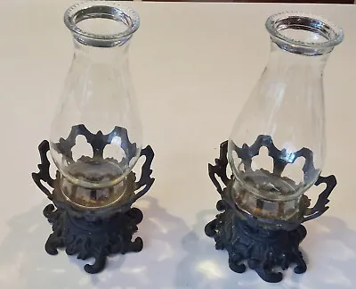 $10 • Buy 2 Vintage Cast Iron Black Gothic Rustic Candle Sticks Holders With Chimneys