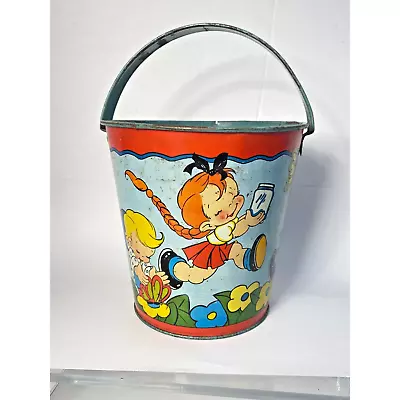 Vtg 1950s OHIO ART Sand Pail Bucket Tin Litho Boy Girl Elaine Hileman Graphics • $65