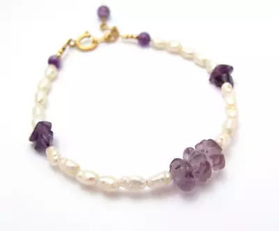 Amethyst Pearl Bracelet Gold Fill Clasp Chain February June Birthstone Gift • $9.99