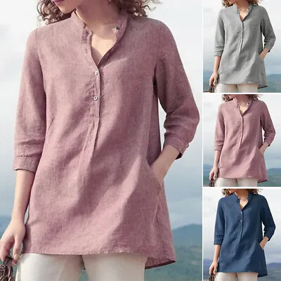 Women Casual Loose Tops Shirt 3/4 Sleeve V Neck Button Down Blouse Pullover Plus • $33.70
